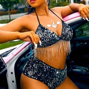 Fringe Hem Sequin triangle set bikini hot black